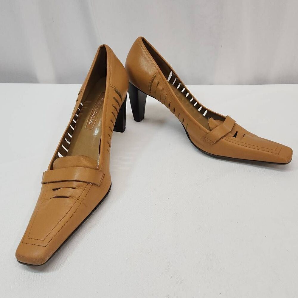 Enzo Angiolini Size 8.5 Tan Leather Square Toe Pump Heels L - Picture 2 of 12